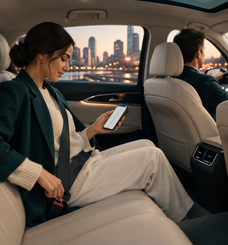 Passenger wearing a seat belt and following the trip on her phone