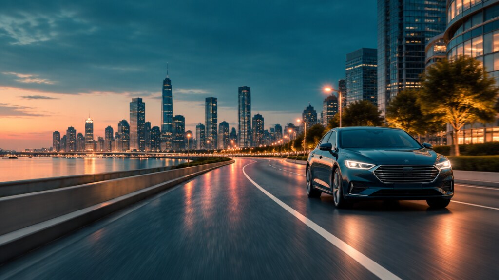 iSERVU car driving through the city at dusk